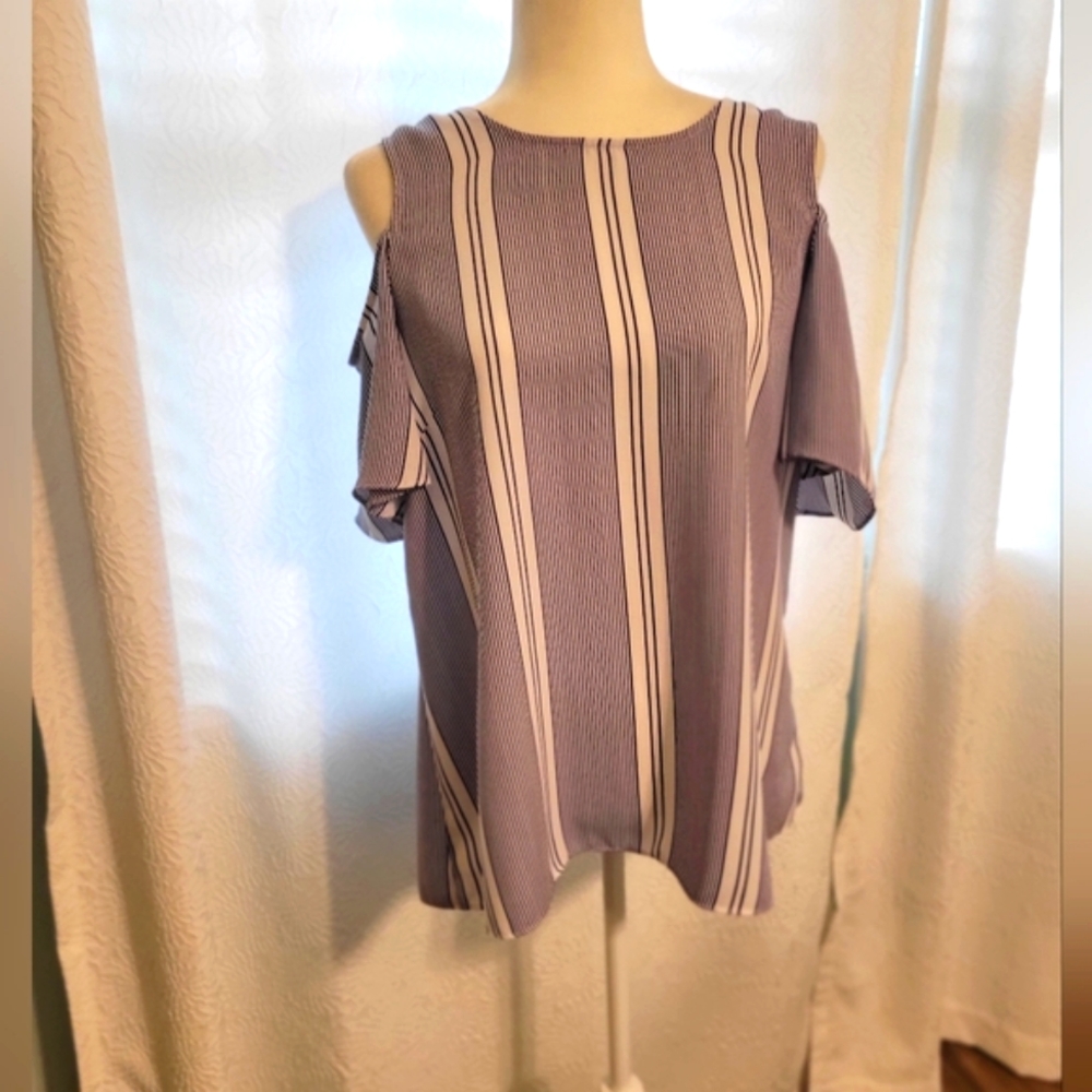 Navy and White Cold Shoulder Blouse